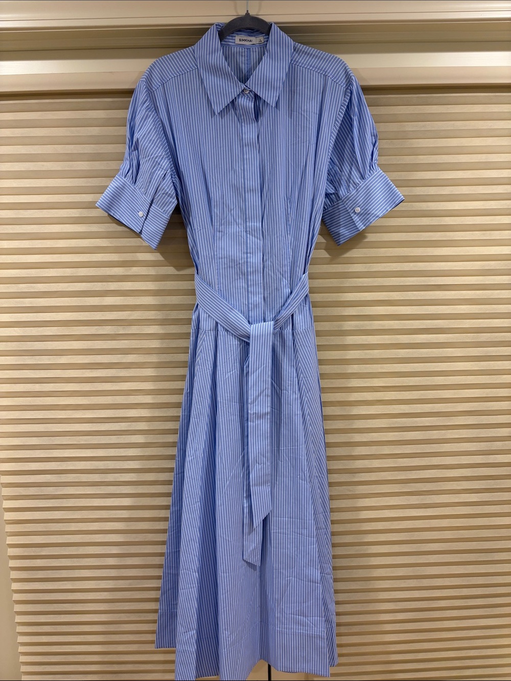 NWOT Simkhai Blue Striped Maxi Shirt Dress with Waist Tie, Size US 6